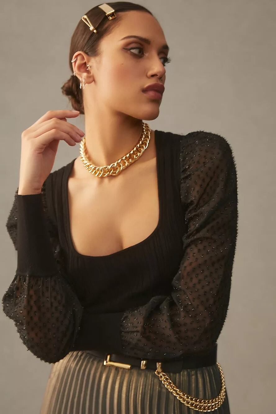New By Anthropologie Puff-Sleeve Shimmer Pullover Sweater $128 MEDIUM Black